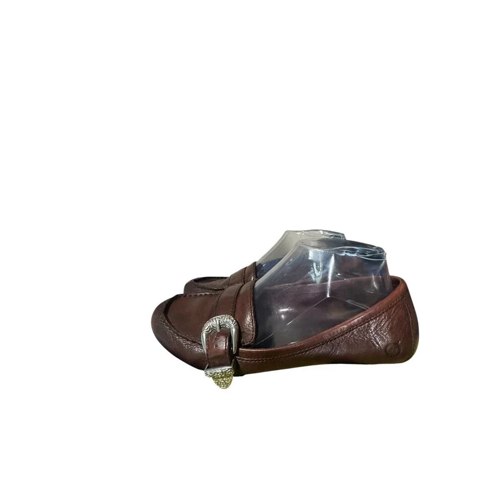 Born Brown Leather Slip On Loafers Size 7.5M Silver Buckle Boho Flats Outdoor